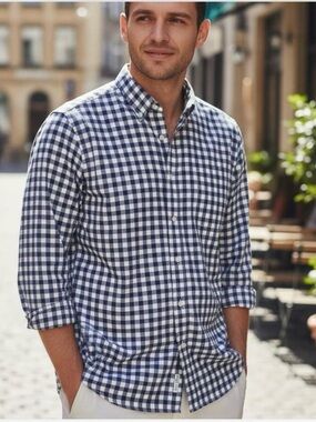 J. Crew Men's Navy and White Gingham Shirt